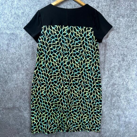 Bob Mackie Dress M Black Green Patterned Stretch Artsy Fun Bright Pullon - Picture 2 of 6
